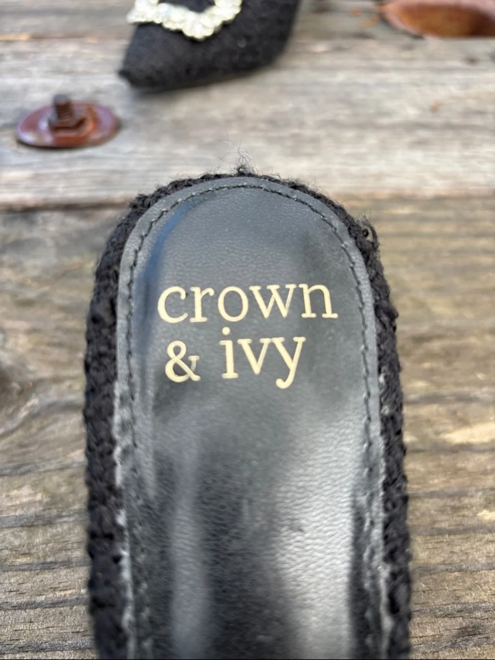 Crown & Ivy Women’s Sz6.5M Black Pointed Toe Mule with Crystal Buckle#317 - Picture 2 of 11